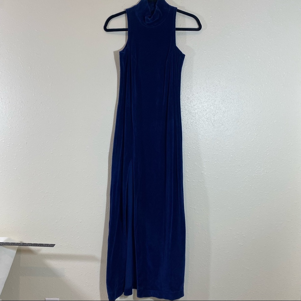Vintage Carol Brent  Maxi Dress Velour Blue Dress sleeveless high collar…